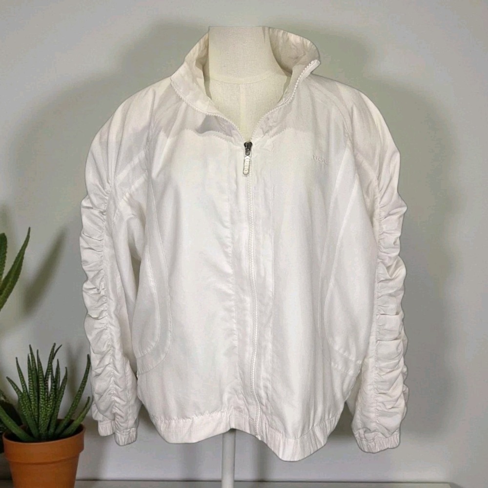 Vintage HEAD White Windbreaker Jacket Women's M-L Ruched Sleeve Zip Up 80s 90s